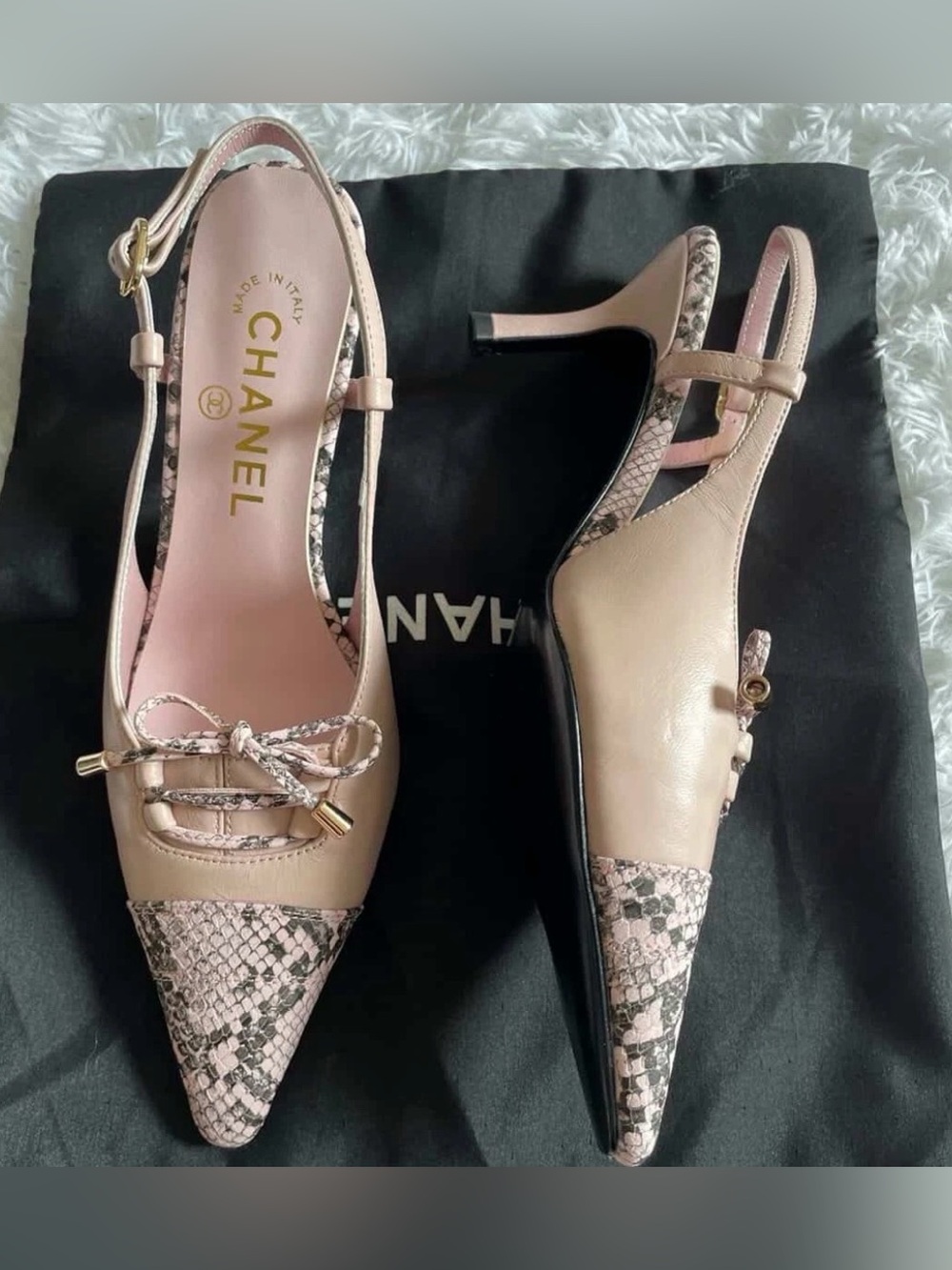 CHANEL Pink Leather & Python-Print Pointed Slingback Heels EU 37 - Picture 2 of 5